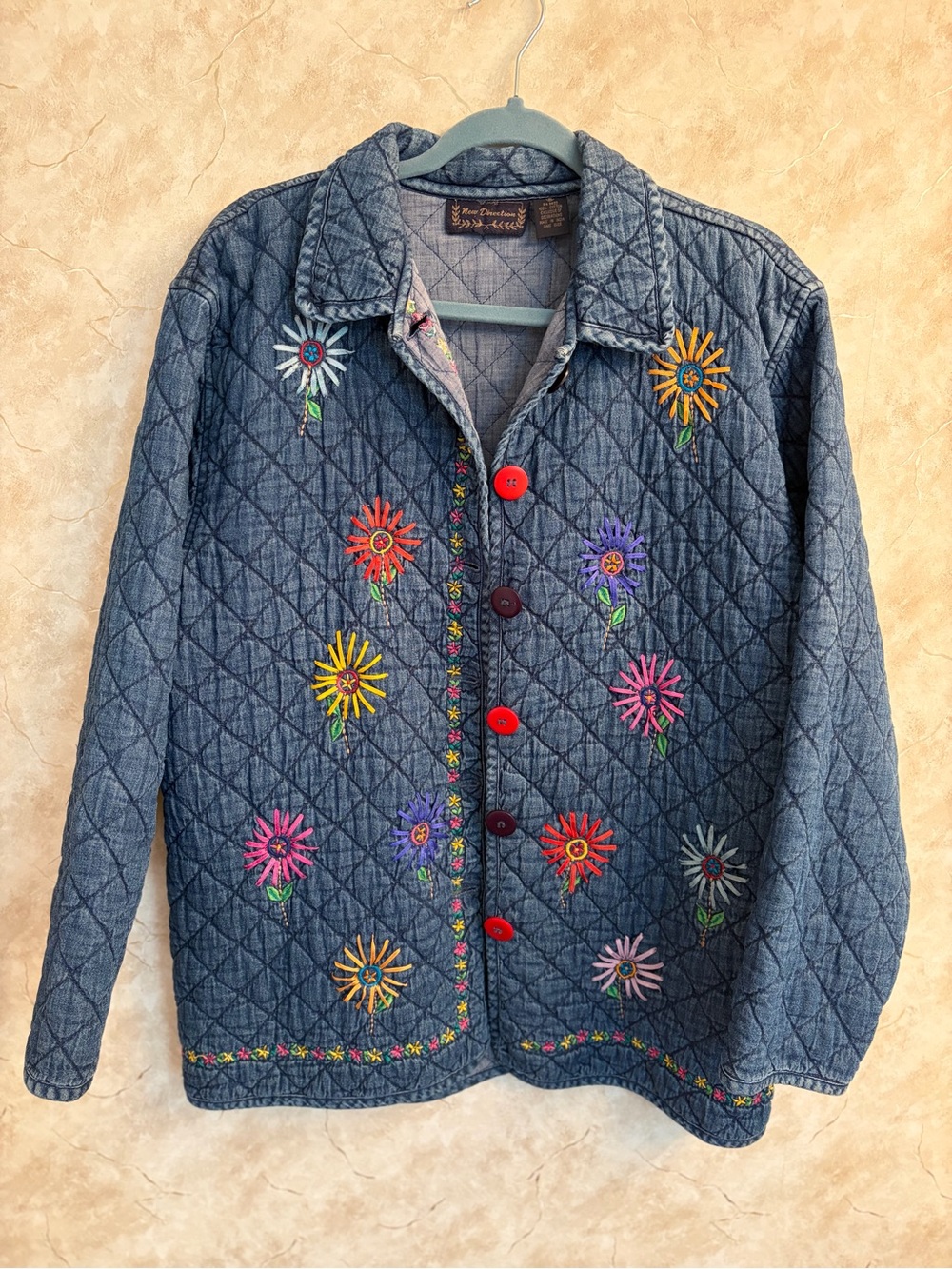 90s Vintage Quilted Embroidered Jacket - Blue with Colorful Florals - Medium